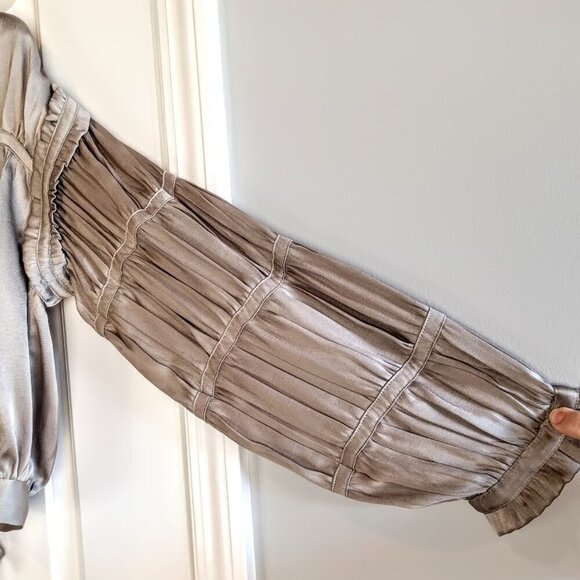 Current Air Taupe Full Zip Shirred Satin Bomber Jacket - Picture 3 of 7